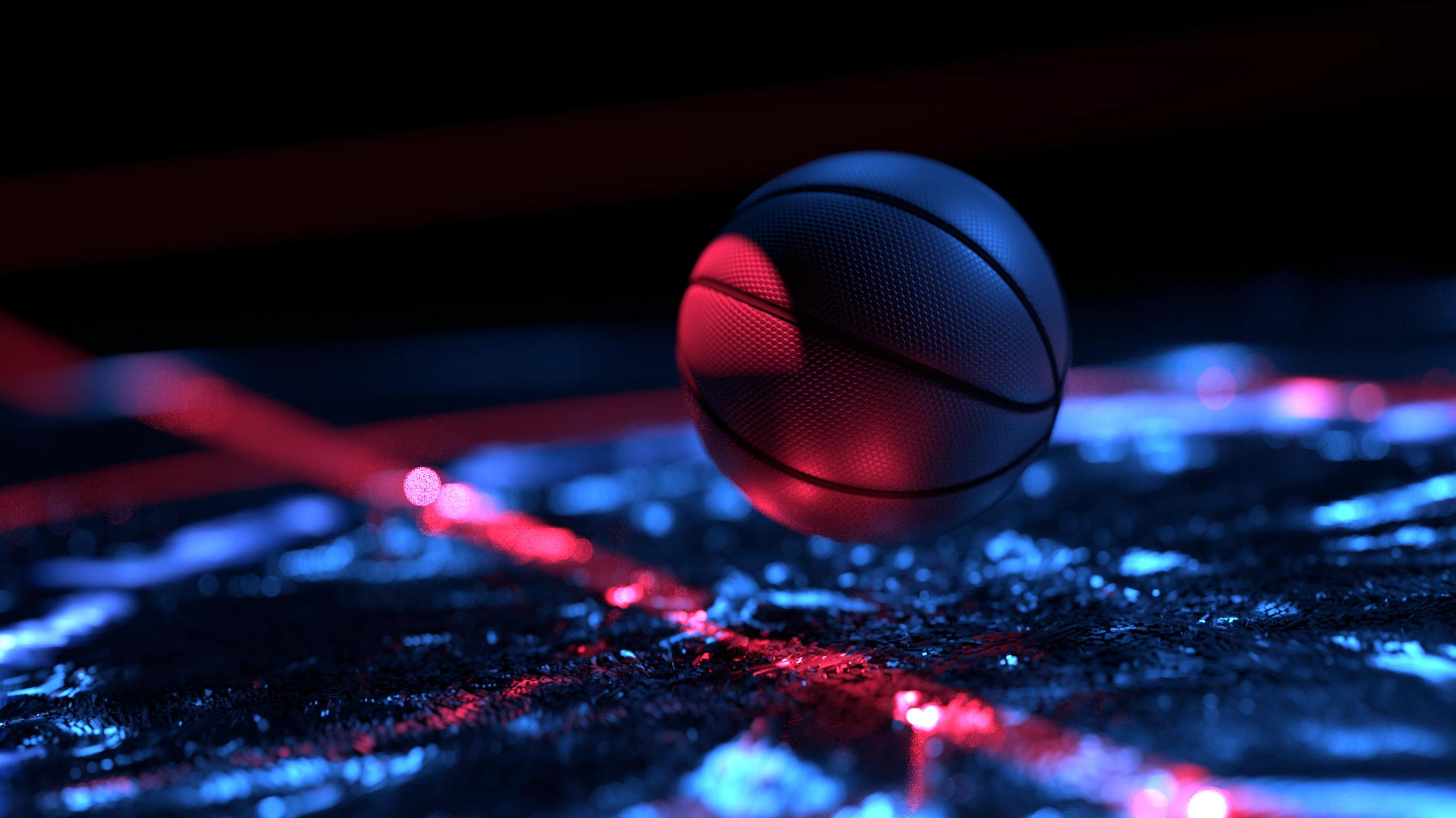 Styleframe of a basketball bouncing into a glowing field of paarticles on a court