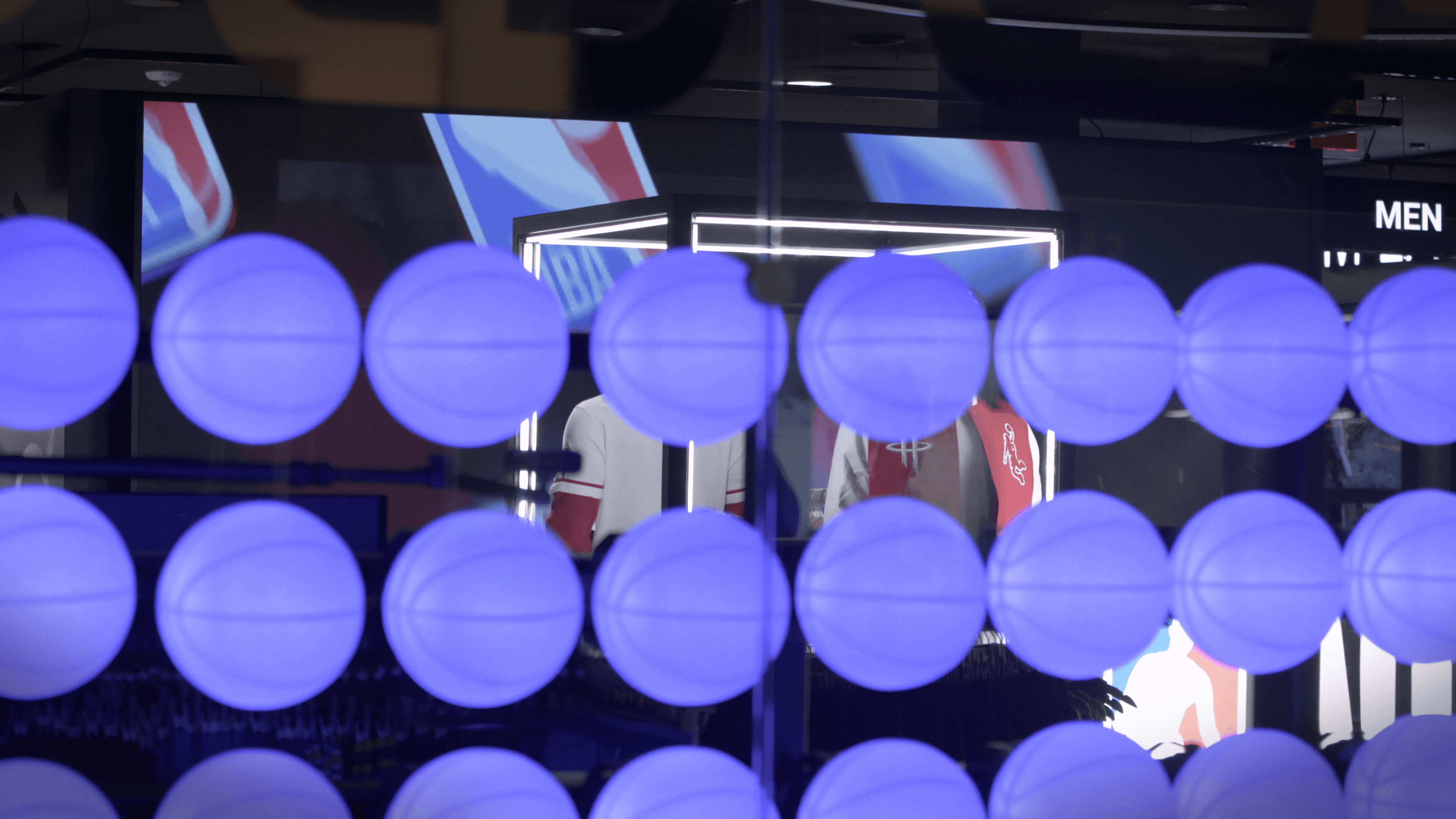 Detail view of the reactive LED basketball display.