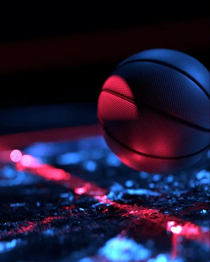 Moody 3D visual of a basketball striking a field of particles